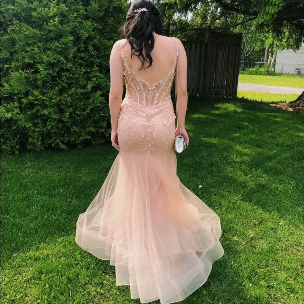 Jovani Blush Pink Mermaid Corset Fitted Prom Dress With Flowers Size 4 (Small) - Picture 4 of 8